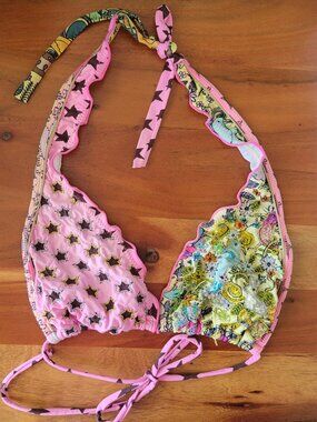 Agua Bendita Ruched Triangle Halter Swim Bra Top Stars Floral Embroidered Beaded